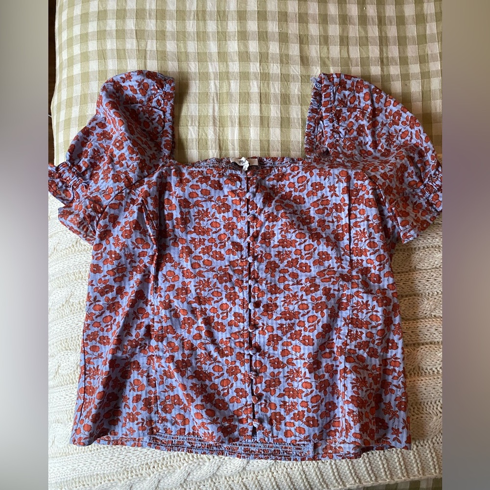 Madewell Blue Puff Sleeve Floral Blouse with Rust Flowers